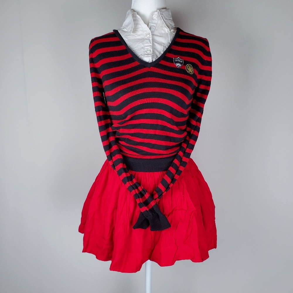 H&M Red Black Striped Attached Collar Academia Sweater